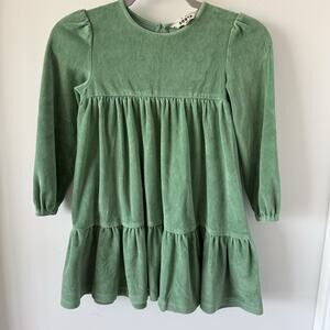 Mini Boden Girls Green Velour Fit & Flare Ruffle Puff Sleeve Dress 7-8Y Velvet